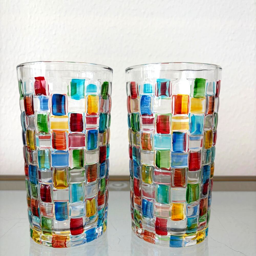 Hand Painted Italian Glass Tumblers 2pc 11.83oz Colorful Mosaic NEW
